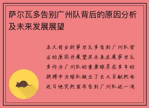 萨尔瓦多告别广州队背后的原因分析及未来发展展望