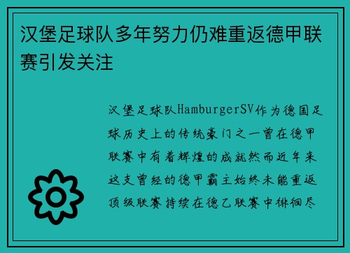 汉堡足球队多年努力仍难重返德甲联赛引发关注 汉堡足球队多年努力仍难重返德甲联赛引发关注