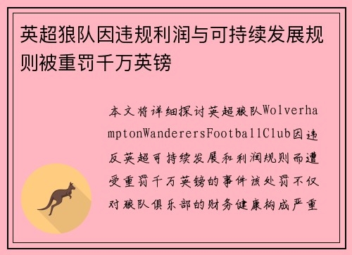 英超狼队因违规利润与可持续发展规则被重罚千万英镑